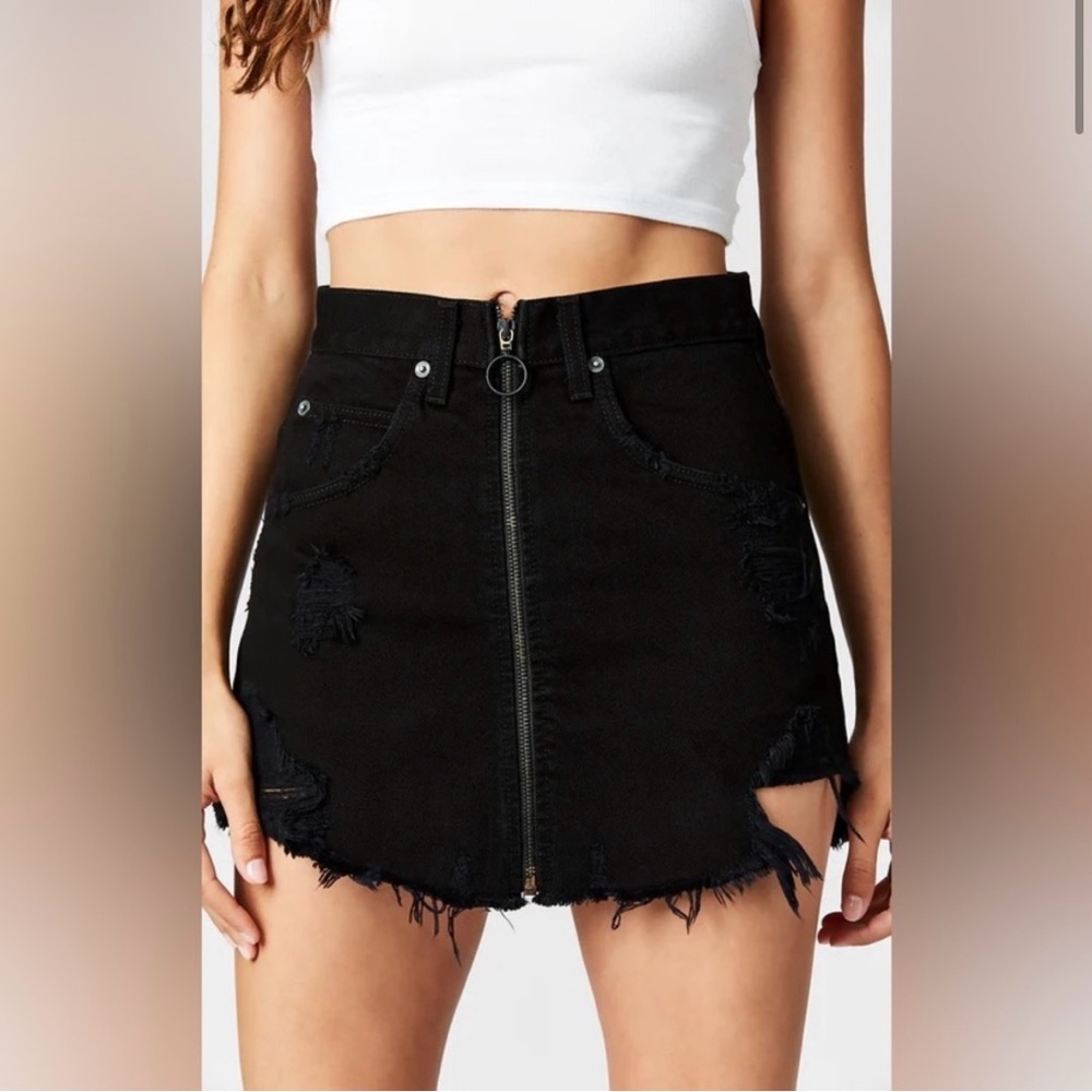 Carmar Black Distressed Denim Mini Skirt with Front Zipper - Size XS